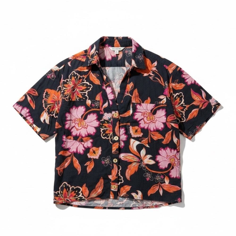 Laundry Shelli Segal  Black Floral Linen Blend Boxy Button Front Shirt Medium